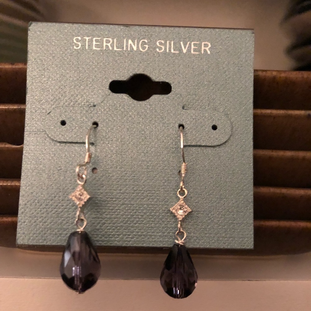 Sterling silver dangle earrings purple drop.